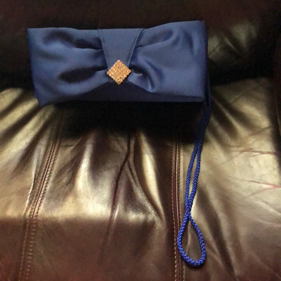 Royal Blue Satin Wristlet / Clutch With Rhinestones - Picture 2 of 5